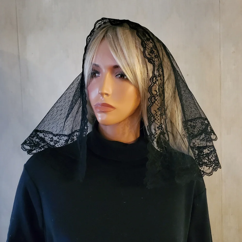 Maltese Cross Embroidered on Black Mantilla Chapel Veil D Shape Catholic Worship